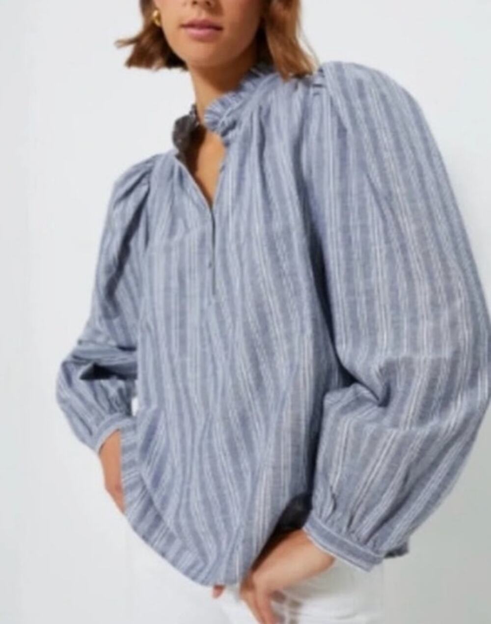 Pomander Place Colette Blouse Women S Blue Stripe Linen Cotton Puff Sleeve